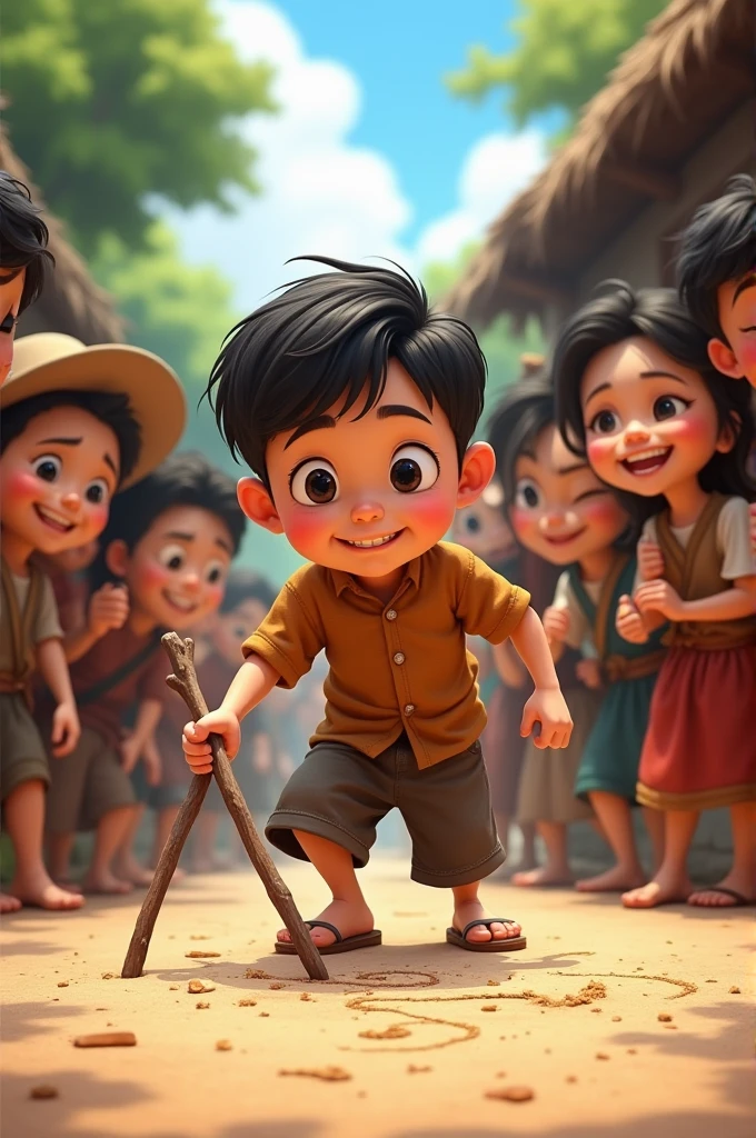 Visual Prompt: A is standing near the doctor, pointing at the leaves with a smile and explaining to the confused villagers that the leaves are actually meant for feeding cattle. The villagers and the doctor look surprised.