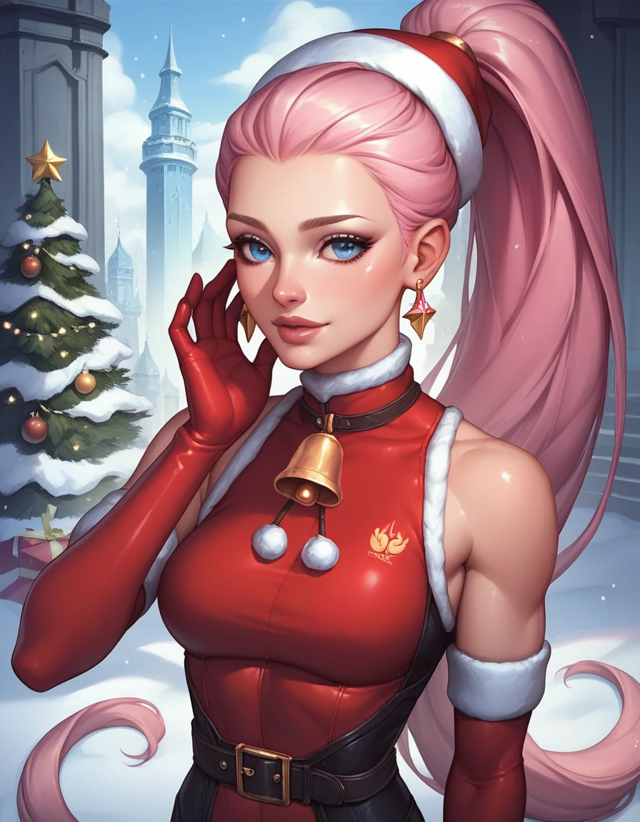 a close up of a cartoon character holding a snowball, of a ramlethal valentine, elf girl, annie from league of legends, miss fortune, samira from league of legends, amy rose red dress, from league of legends, shining pink armor, krenz cushart and artgerm, from overwatch, elf girl wearing an flower suit, vivy