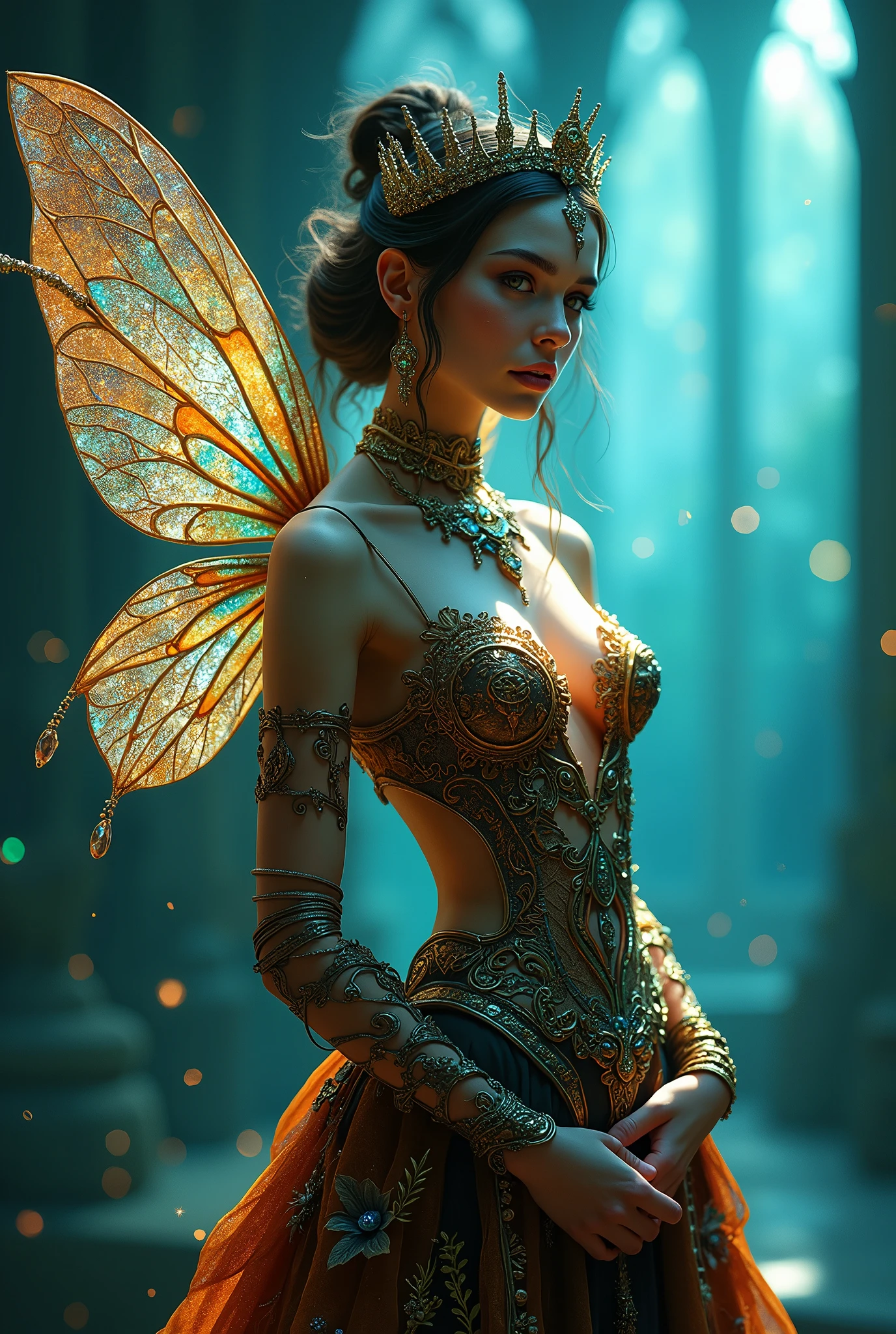((Full body shot of stunning beauty woman)),8k portrait of beautiful cyborg with brown hair, sharp green eyes, intricate, elegant, highly detailed, majestic, digital photography, art by artgerm and ruan jia and greg rutkowski surreal painting gold butterfly filigree,, fairy wings, broken glass, (masterpiece, sidelighting, finely detailed beautiful eyes: 1.2),