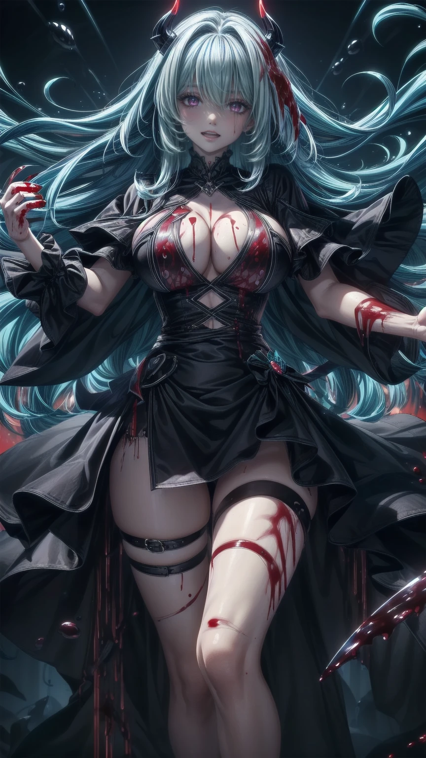 (Highest quality, masterpiece, 超High resolution), (8k wallpaper, High resolution, High resolution, born), (credibility: 1.4), (whole bodyショット), One girl, ((Anime Girls)),,(Blood Splash:1.6), ((Fantasy Witch Costume)),  ((Flowing white hair)),  ,(Blood Splash:1.6),Female curves, Large Breasts, Thick thighs, Sexy flat stomach, perfect hand, perfect anime face, ((dark ****ta dress)), Are standing, ((Wicked Smile)), ,(Blood Splash:1.6),In the Victorian city, gaslight, Steam circulates, Moonlight Illumination, Night lighting, A sky filled with stars and galaxies,disaster々new devil horns,,(Blood Splash:1.6), anime zombie witch design , Twisted Laugh Face、Blood-soaked、Blood from the head、Blood Splash、,(Blood Splash:1.6),Crossbones, skull, Streetwear Design, Provector, Horror Style, Full Design, Huge breasts, Very detailed,  Realistic, Dark fantasy, Gloomy atmosphere,  Intricate details, Crazy Smile, crazy eye, A cute and luxurious hair band,(masterpiece:1.2, Highest quality),  Scary atmosphere、Distorted facial expressions、horror art、Blood rain、Bleed blood、Blood Splash,(Blood Splash:1.6),demonic eye、redGood eye、scar、scar、whole body、Torn hair of a woman dressed in slave clothing、（Long Hair）、（bangs that cover the eyes）、Black Hair、（（（dark circles under the eye）））、pale skin、Feeling unwell、Pathological、evil smile、crazy eye、（Grin）Dramatic makeup，Create mixed media art、,Horror 1 Girl, Open_mouth, , red_eye, Blood, Tilt_red_skin, Injury, Blood_in addition_face, Bandaged_arm, Blood_in addition_zombie, Blood_in addition_hand　, Open your eyelids wide, The trend is all, Open your mouth wide,  open the mouth to bare teeth,sharp teeth like a beast, Wide lips, Very wide mouth, Vermilion cheeks, Blonde, ,(Blood Splash:1.6),princess cut, Ribbon hair ornament, brooch, Otaku Room, Well-built body, Nice body, Ample breasts, Thick body,Open your eyes wide、Scary atmosphere、Distorted facial expressions、Twisted Laugh Face、Blood-soaked、Blood from the head、Blood Splash、whole body、,(Blood Splash:1.6),Long Hair、Long bangs、Well-built,Broad shoulders,I focus,(face),Messy Hair,Good eye,(Shining Eye),red signal,笑face,big 笑face,teeth,psycho 笑face,gesugao,Dark city background,darkness,night,(close),良Good eye, Good teeth, sadistic laughing face ,