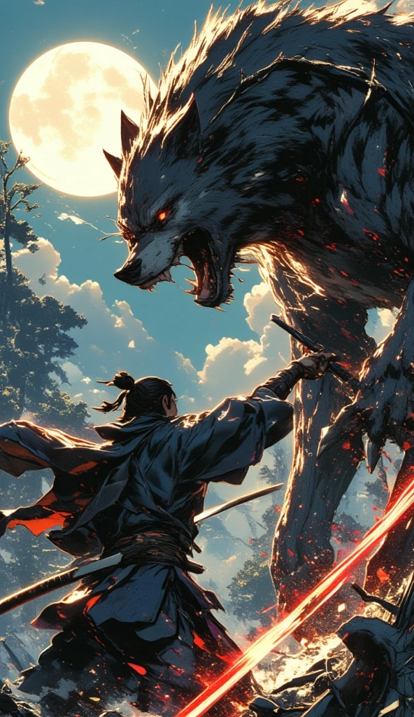 A samurai with a katana fights a giant werewolf in the forest. The giant werewolf is a few times bigger than the samurai. The samurai's back is facing the viewer, while the giant werewolf can be seen jumping high in the air above the samurai, with its claws swiping down. The glaring red trail of its claws swipe is visible. Some trees have claw marks and are chopped down from the fight. Up in the sky, the full moon shines brightly from afar. 