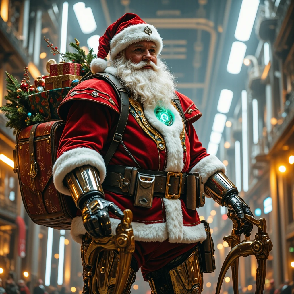 Design an epic, cinematic portrayal of a futuristic cybernetic Santa Claus standing in a glowing, high-tech industrial environment with a Christmas theme. The cyber-Santa is an imposing figure, towering over its surroundings with a blend of traditional Santa features and sleek robotic enhancements. His Santa-like face retains a striking resemblance to the classic figure, with a jolly red-cheeked appearance, but his eyes gleam with a mechanical glow, suggesting advanced AI intelligence. The texture of his skin is a mix of organic smoothness and metallic panels, seamlessly integrated into his body. Santa’s limbs are powerful and fully robotic, constructed with a combination of shining chrome and gold alloy, showcasing intricate details like gears, wires, and illuminated circuits. His chest is fitted with a pulsating, neon-green energy core that emits a faint hum, glowing like the heart of an advanced power source. He is standing upright, his posture both natural and intimidating, giving off a commanding presence.
In his hands, Santa holds a magnificent traditional Christmas sleigh. The sleigh is crafted with precision, its wooden frame gleaming with a warm patina. The runners are polished to a smooth finish, as if ready to glide effortlessly over the snow. Harnessed to the sleigh are a team of robotic reindeer, their eyes glowing with a soft blue light. The sleigh is filled with an assortment of beautifully wrapped gifts, each one a work of art in itself. Santa also wears a large Christmas backpack, bulging with more presents. The backpack is made of a durable fabric with festive patterns, and it has shiny buckles and straps that add to its charm. The gifts and the sleigh are symbols of the joy and generosity of the Christmas season.
The setting is a sprawling, futuristic industrial complex bathed in a cinematic haze of golden light, with a Christmas twist. Overhead, massive beams of white and blue light pour down from suspended energy conduits, creating dynamic shado