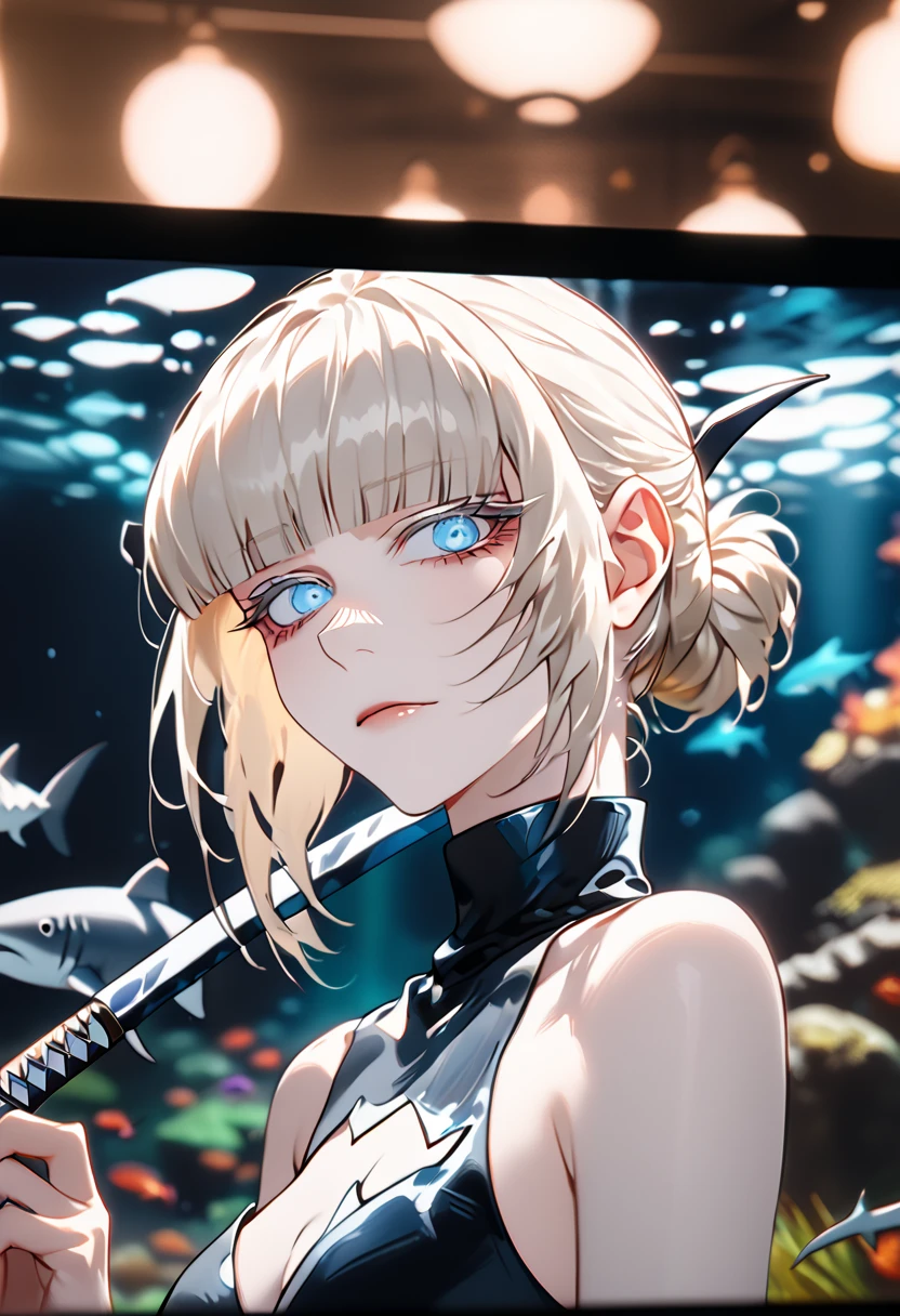 Anime style, 1 girl, 1 sexy girl, white pale skinned girl, porcelain skin, blue eyes, (HAIR: light blonde straight cut, long length, full bangs covering eyebrows, side framing fringe, extra long hair ) (BODY: half shark girl, neck gills, arm fins, dorsal shark fin )(best quality, 4k, 8k, highres, masterpiece:1.2), ultra-detailed, HDR, UHD, studio lighting, ultra-fine painting, sharp focus, physically-based rendering, extreme detail description, professional, vivid colors, bokeh, underwater, holding a katana, score_9, score_8_up, score_9_up, source_anime