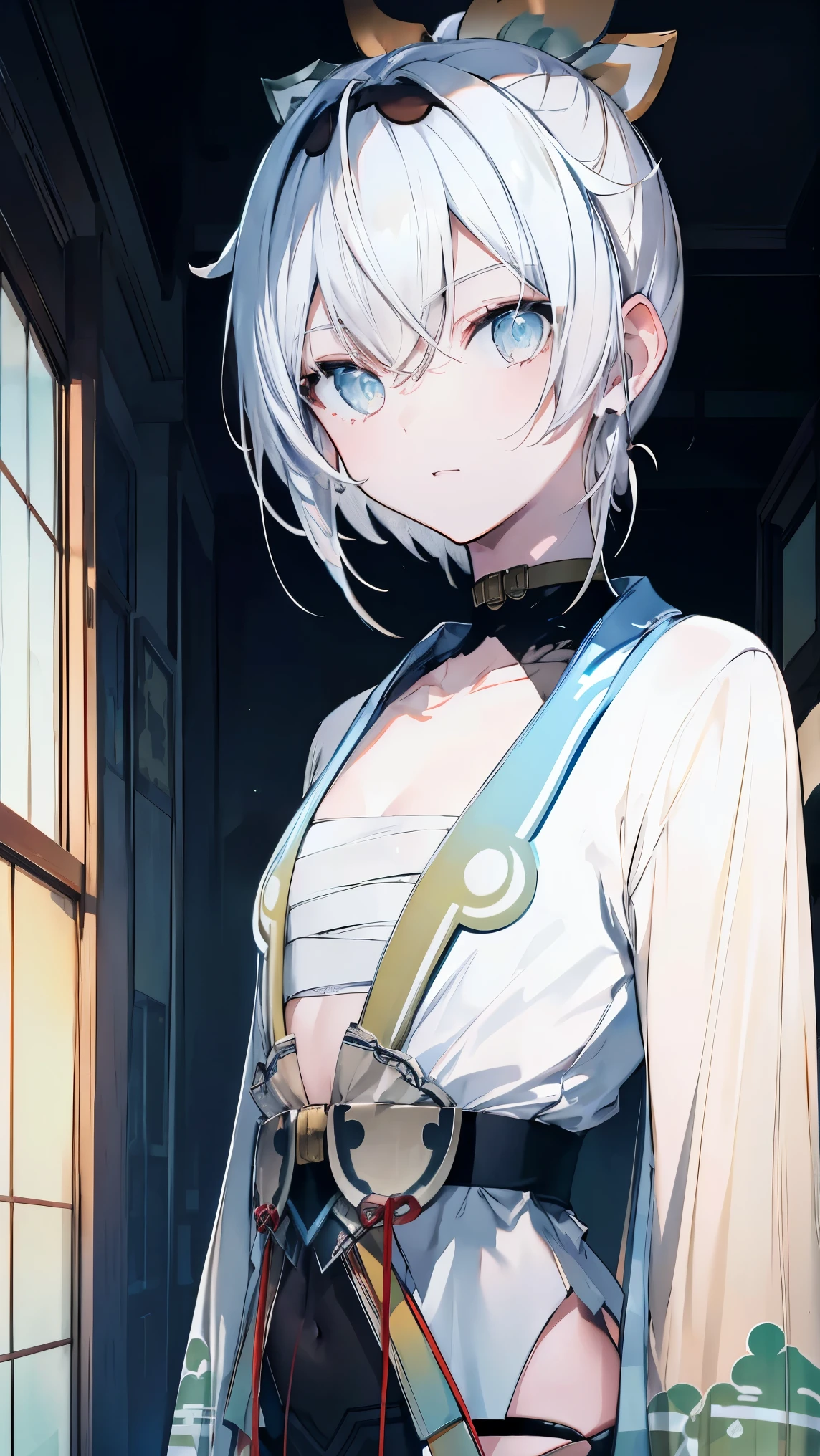 top quality, girl、 Silver Hair、(Whitening skin)、 sky blue eyes、 very short hair,Short Hair, short ponytail 、Petite、armor、 slender,,kimono, Dark Room, slender、Japanese-style room,Mansion, boyish,