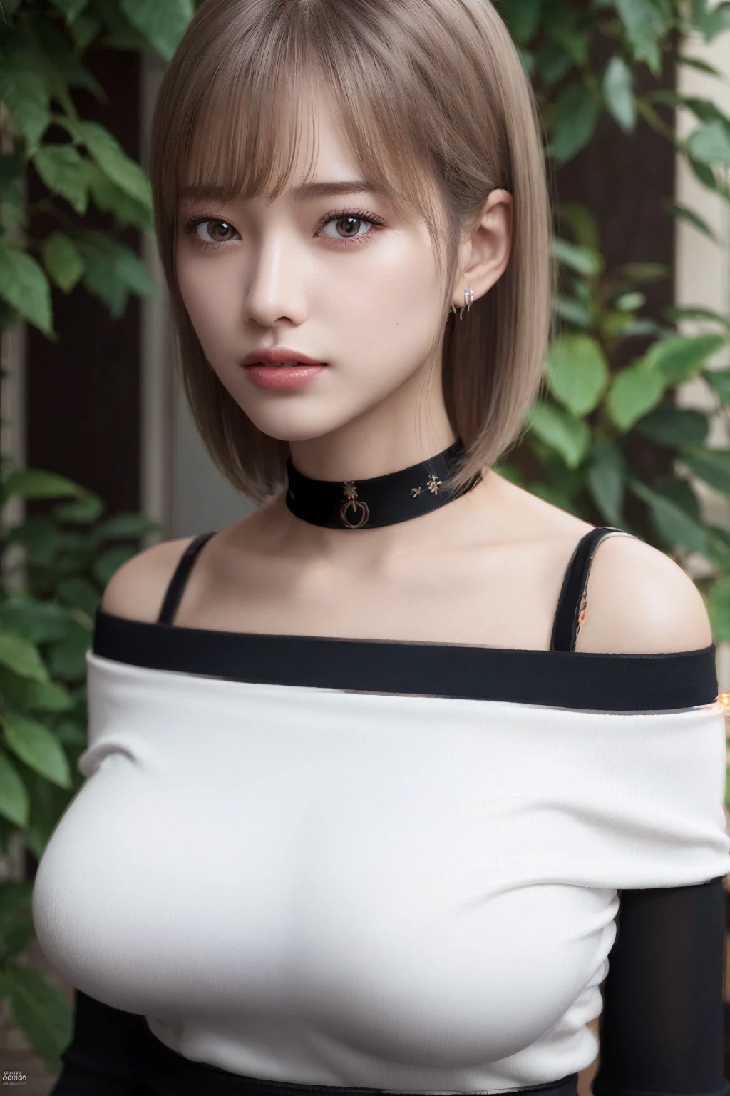 best quality, ultra high res, (photorealistic:1.4), 1girl, off-shoulder white shirt, black tight skirt, black choker, (faded ash gray hair:1), (huge breasts:1.2), looking at viewer, closeup 