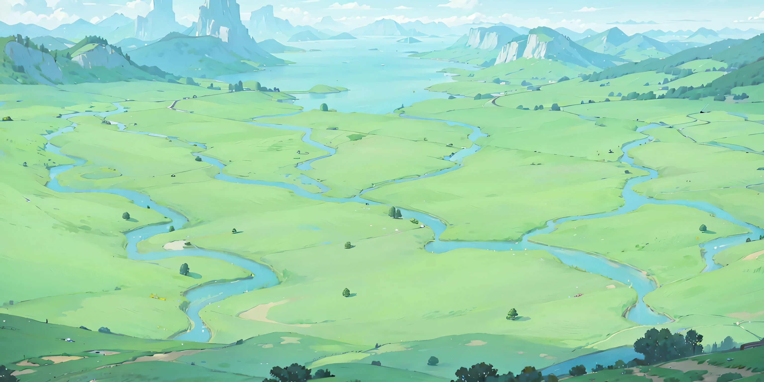 There is a landscape painting, with a river in the picture , Anime Landscape, Distant Village Background , an Magnificent landscape, detailed view —width 672 , anime rural landscape , Background Art, fantastic landscape , serene Vast landscape, A distant valley , COMPOSING OF TREES AND A FANTASTIC VALLEY , conceptual art . Magnificent landscape, Huge landscape !, RPG Landscape, Vast landscape, most Magnificent landscape