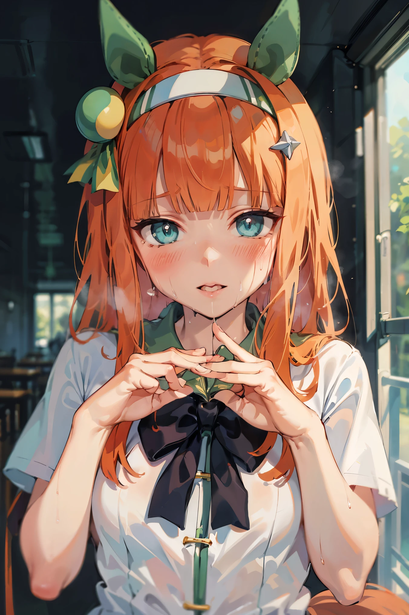 masterpiece, highest quality, High resolution,Suzuka_\(umamusume\),sex,Blowjob,crying face,Holding a penis in your mouth,suck dick deep in throat,Ejaculated in the mouth,cough,Semen drips from the mouth,