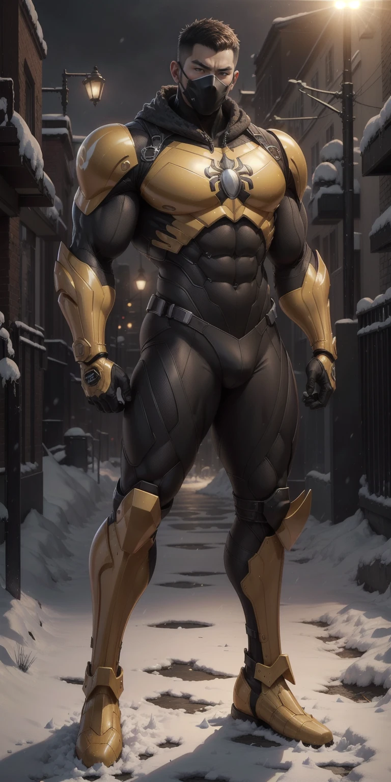 Arad man in black and yellow clothes standing by the sunny sea, muscular male hero, conceptual art like Ernest Khalimov, heroic male pose, muscular! Wearing black sunglasses, round head Buzz Cut, cyberpunk, stealth suit, super buff and cool, high resolution committee, Chris Redfield, Jigachard muscle, Ernest Khalimov body, character design police, black military boots, charismatic strong male with armor