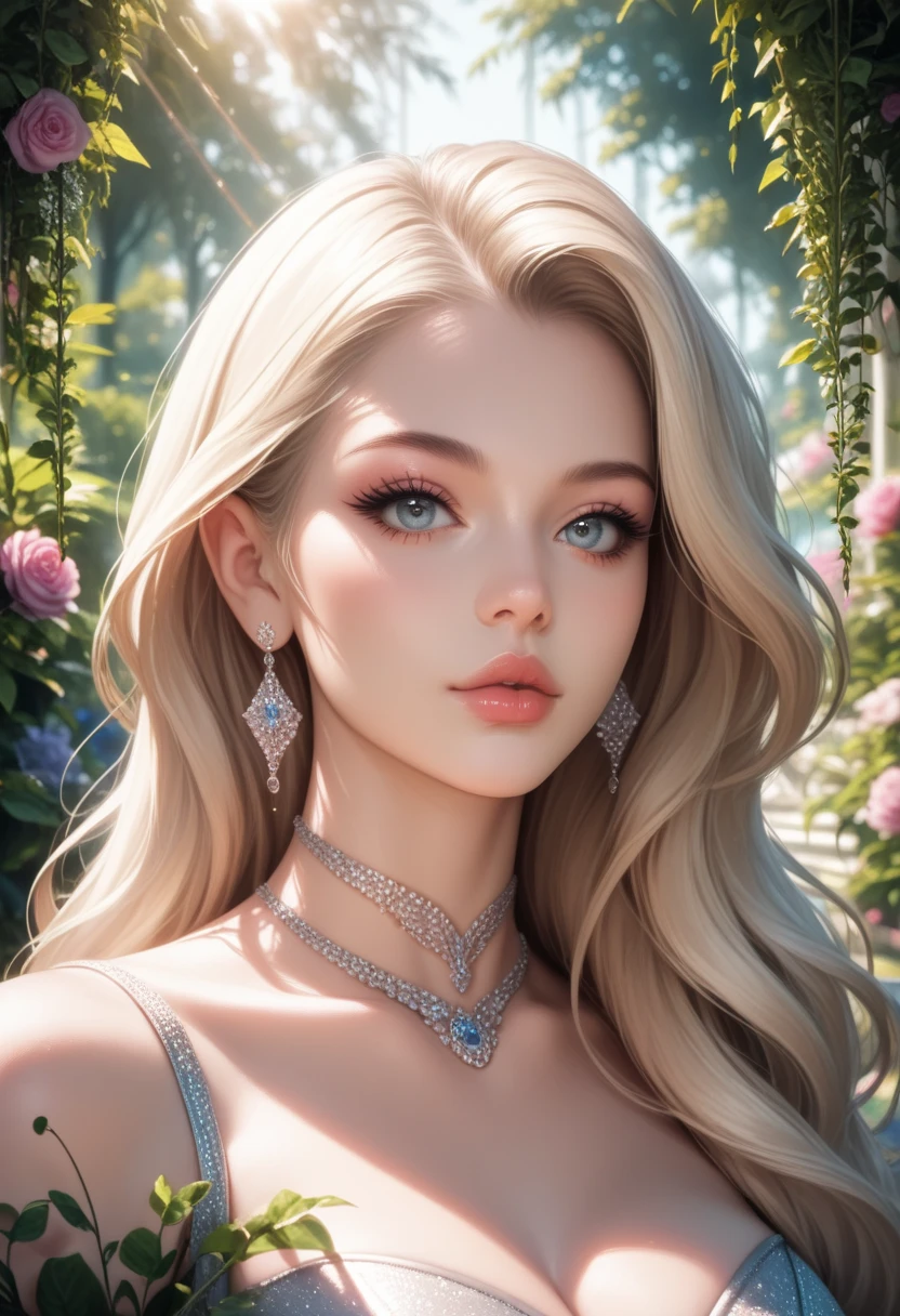 a beautiful girl in a garden, 1girl, detailed face, intense eyes, full lips, long eyelashes, elegant dress, graceful pose, natural setting, lush greenery, sunlight filtering through trees, vibrant colors, photorealistic, 8k, high quality, intricate details, cinematic lighting, dramatic composition, fantasy art