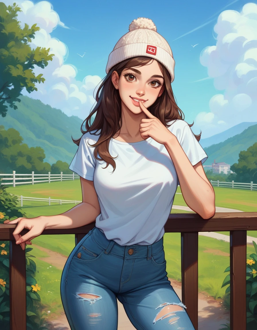 ,  a Rafa woman wearing a white shirt and torn blue jeans , She wears a wool hat , long brown hair,  she holds a hand to her mouth ,  sensual smile looks at the camera ,  she is crouching down holding onto a railing ,  leaning against a fence ,  a portrait of Lambert Doomer  ,  Instagram , Fine Arts, Pose casual, attractive pose, pose sexy, She is wearing street clothes, baggy jeans, pose genial, side posture,  Julia Razumova style , casual photography, with a pose genial,  thin waist and wide hips 