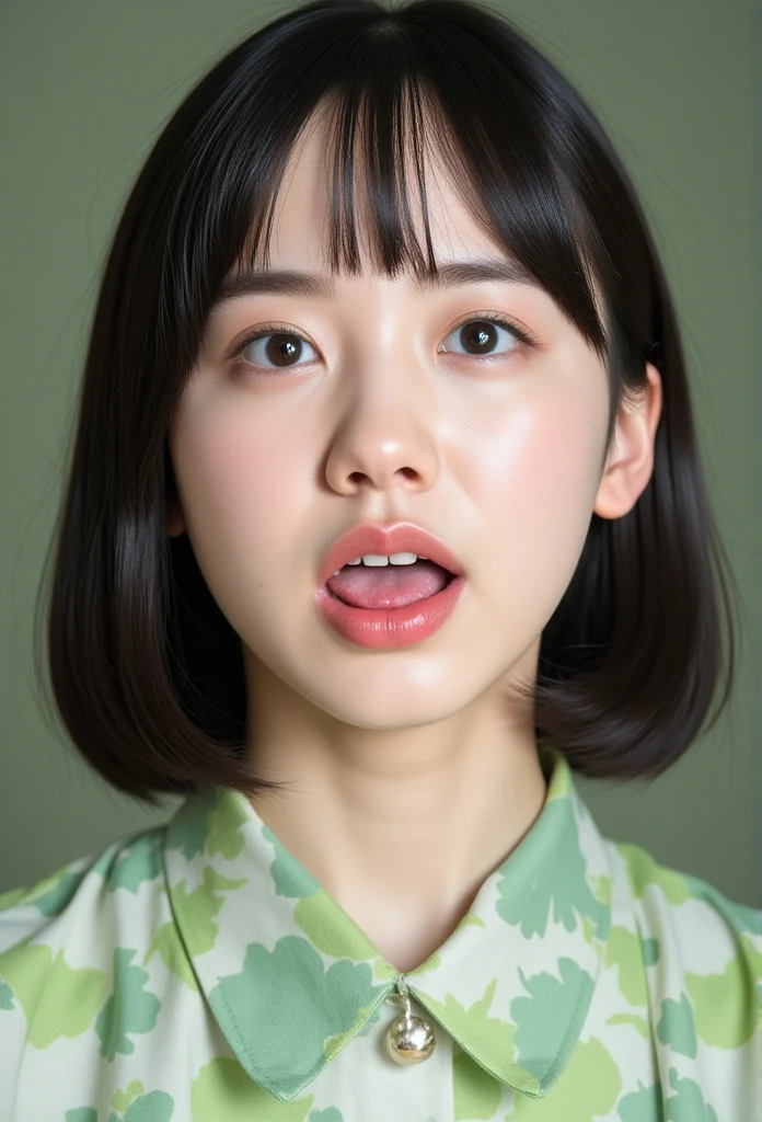 masterpiece, 最high quality,16k,8K,beautiful,get used to it,exquisite,extremely get used to it, finely get used to it, high quality, insanely get used to it, ultra get used to it, ultra high resolution, 超high quality, beautiful face, Japanese, NSFW,Picture of a woman's face 、( sharp focus ), From below, ( please kneel and look upward:1.10), ((Open your mouth:1.6)), ( stick out your tongue:1.8), (Ultra-detailed beautiful faces:1.10), (Ultra-detailed beautiful slim body:1.9), 21 years old, ( Super Detailed Beautiful Japanese Beauty Female Idols:1.7), ( troubled face:1.3), Woman in the center of the image, break, photorealistic, hyperrealism, portrait of young adorable Japanese face, Japanese facial features, Young and Cute Skinny Oriental Faces, Bust Up Shot, 21 years old idol with a cute face, beautiful Japanese girl's face , Japanese facial features, she has a lovely look , ( Light Green Sparkling Evening Dress :1.5)