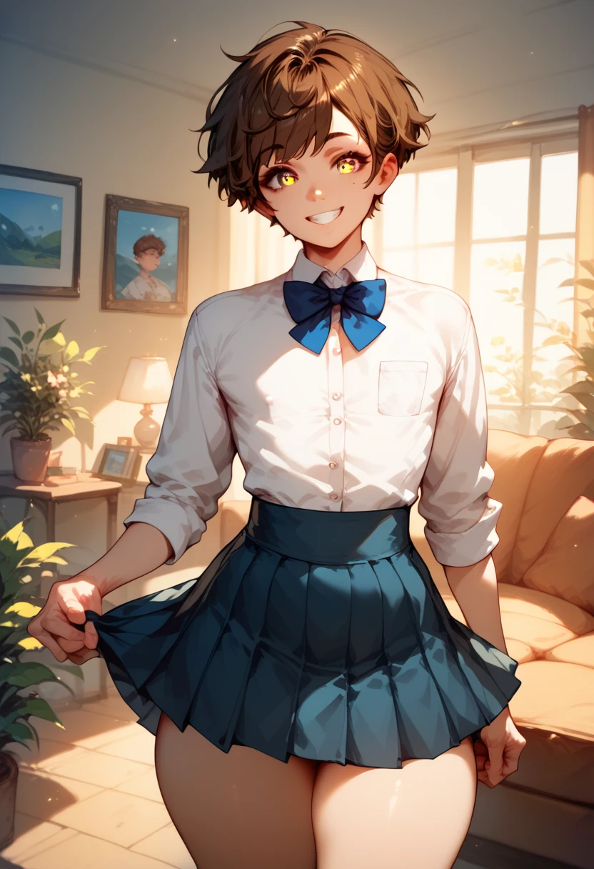 Femboy, short brown hair, big butt, too small skirt, small white shirt, brainwashed, at attention, showing respect and discipline like soldiers, looking at user, front look, living room, wide smile, wide open eyes, glowing yellow eyes, solo