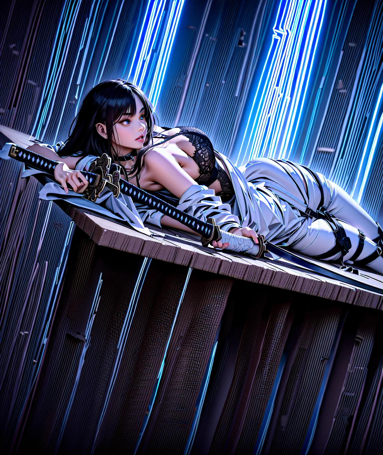 Create an ultra-detailed 8k manga illustration of a young battoujutsu woman in a seductive pose against a bar. She is lying on the bar floor, knees bent, and her body leaning slightly forward. The pose conveys a mix of vulnerability and strength, paired with a subtly provocative expression—parted lips and a bold, contemplative gaze. She wears open white bodysuit, and black lace triangle bralette visible. A black choker highlights her slender neck, while black open-toe platform sandals complete her daring look. ((A finely crafted katana sword in her hand, its blade gleaming under the glow of blue neon light. The katana's ornate hilt and intricate carvings complement)). the samurai-themed tattoos on her body, which depict a fierce warrior in bold Japanese art style, extending across her back and upper arms. The tattoos subtly glow under the light, adding depth and mystery to the composition. The scene is rendered with vivid hues, cinematic lighting, and intense shading, enhancing the dramatic mood. Shallow depth of field and a soft vignette bring focus to the character and katana, completing the captivating, dynamic composition.
