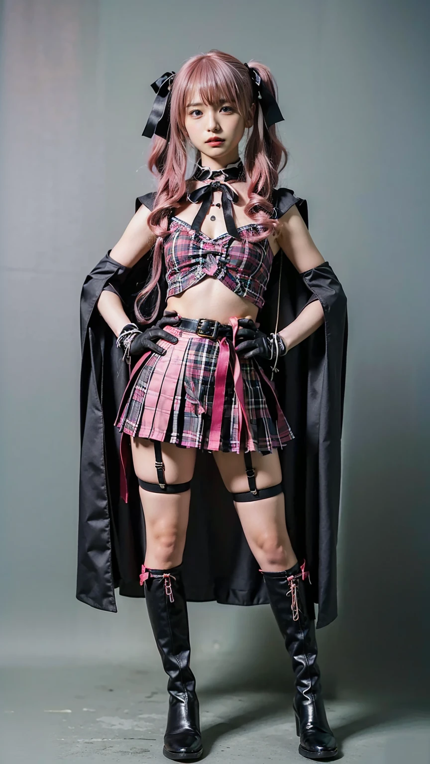 (8k、     RAW photos   、   top quality、masterpiece   :1.2)、(   realistic   、   realistic   )、1 person、((black、  gloves、 see-through、  twin tails、 pink hair、  garter belt hugging、Cape、Ribbon on chest、  plaid mini skirt、   boots、blackい背景、Thin legs、whole body、Hands on Hips、 standing facing you   )、cute