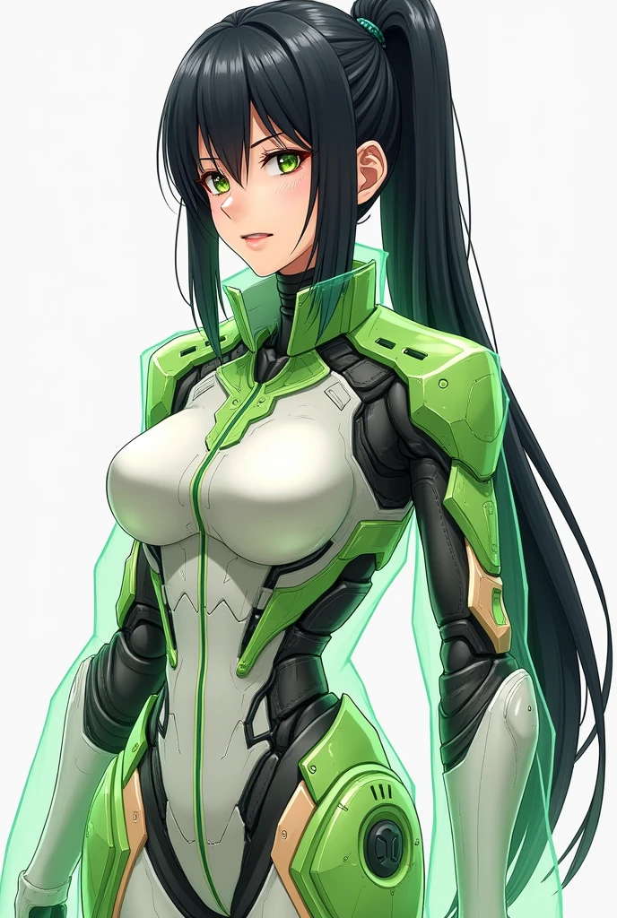 Pneuma from Xenoblade, dark green hair, ponytail, cleavage, big breasts, long hair, sexy girl, 1 girl, masterpiece, best quality, high resolution