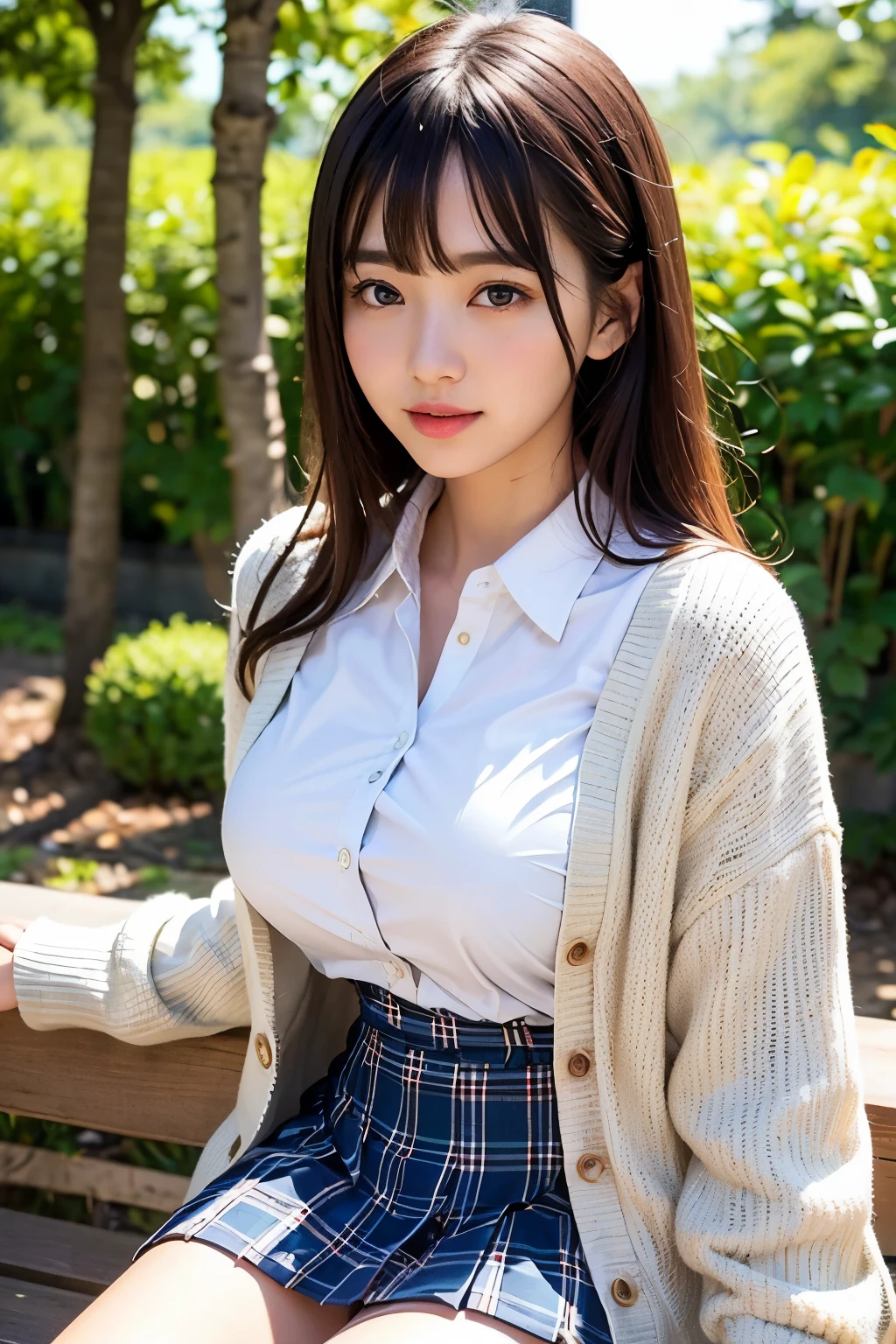 (High quality, High resolution, Ultra-detailed, Realistic:1.37), (Full Body Pose)、(Full body photo of a girl)、peaceful ambiance, (plein air, a park)、 ((large twin tails、big scrunchie))、((open your legs and sit on the bench))、(Angle where she lifts her skirt and reveals her panties:1.8)、An 18 year old high school girl、B Cup、Beautiful detailed features, Cute smile, (Brown hair), (Casual Outfit), (tight sweater)、(Cardigan)、(Plaid mini skirt), (Black tights)、(tight round boots)