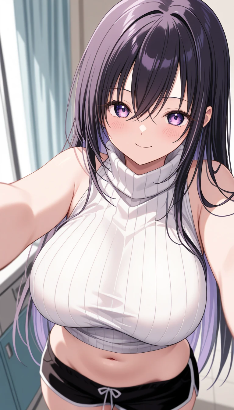  1 girl、solo、Nijoin Tsukasa 、 black hair、Purple Hair、 long hair on background、 hair between eyes、 purple eyes、 white sweater、 sleeveless turtleneck、 Ribbed Sweater 、abdomen、 black shorts、belly button、 Standing 、hospital、Examination room、 depth of field、masterpiece、 top quality、 very beautiful 、smile、 looking at camera