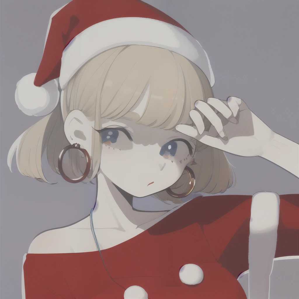 Masterpiece , top quality, one girl, Light Blue Eyes , Santa hat, blonde alone, earrings, make blue background, has , hoop earrings, gem, show viewers, shirt, short hair, simple background, Alone, upper body,Santa clothes