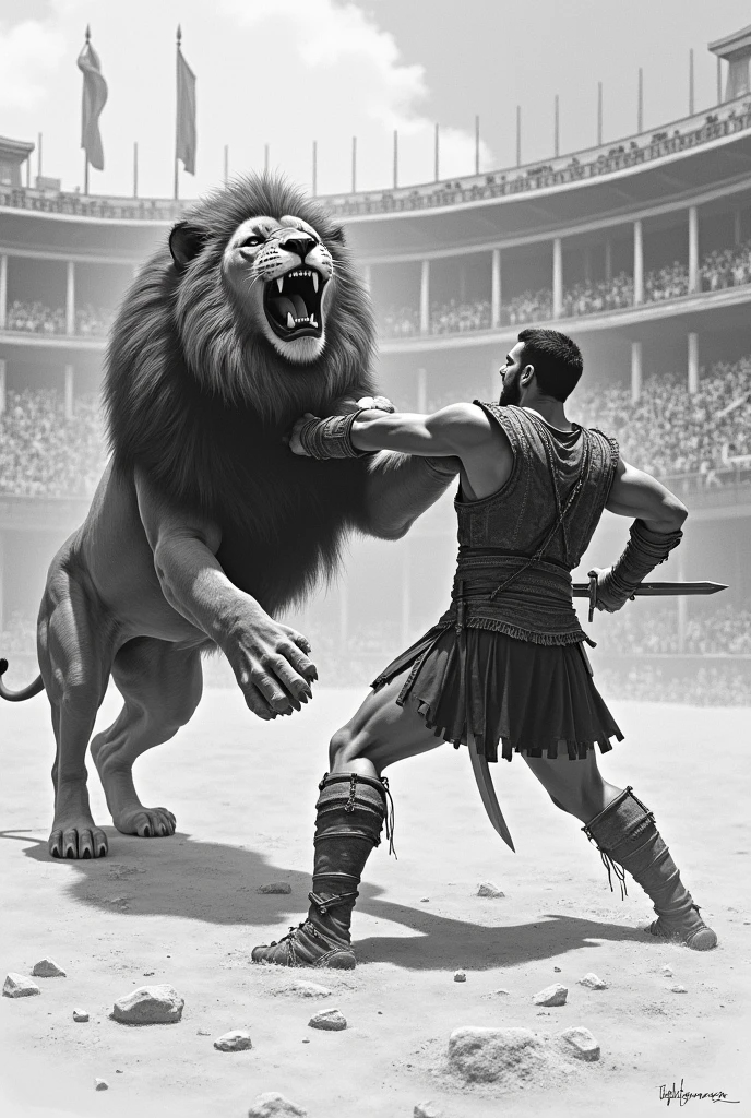 (masterpiece, best quality:1.2), <lora:kratos OG v2:0.7> kr4t0s, bald, muscular, facial hair, goatee, pale skin, topless male, sword, red tattoos, body paint, scar,outdoors, dual wielding swords, in the roman coliseum, fighting a lion, lion roaring, lion attacking, wounded lion
