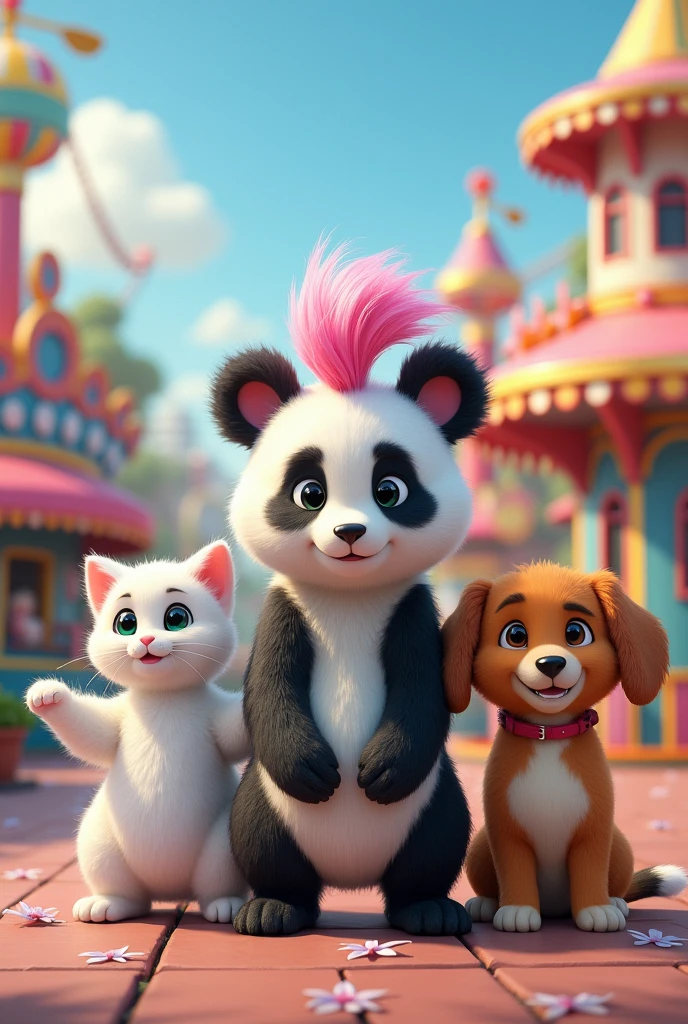 white fluffy cat、
panda 、
dog、
It's a black and white skunk with pink head hair、
The background is an amusement park