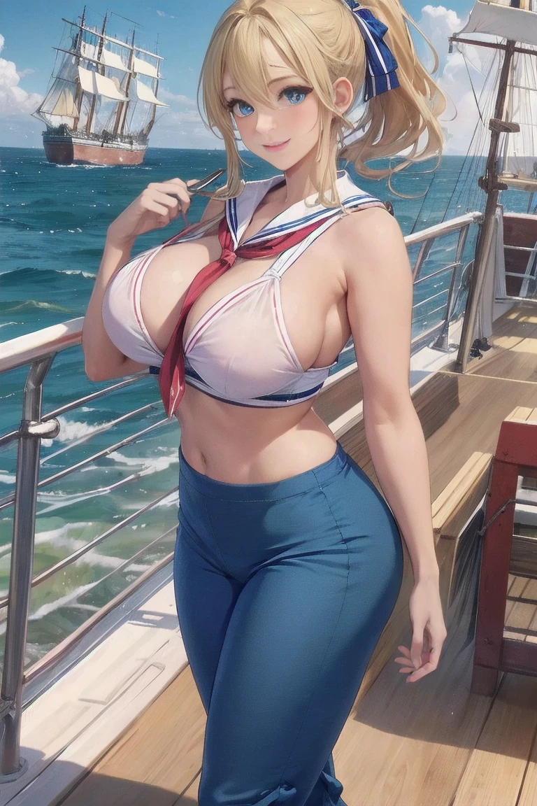 masterpiece,  top quality ,Ultra HD Explained,Full HD,16k,   super resolution ,  accurate human body, correct human anatomy ,relax, smile,((pacific ocean,maritime,Large sailing ship ,On deck)),(((( Standing , viewers)))),   one woman:2.0,  viewers who stop at the edge,((blonde alone ,  long hair_  ponytail_Blue Ribbon, blue eyes,  Beautiful White Skin )),(  open your eyes, Sexy and attractive body  _  far beyond age:1.5,  Balanced Hands:1.6,  long legs  ) ((Abnormally large breasts_K-Cup_  beautifully shaped breasts )),((( serolette cadet SD 1.5, culotte pants _blue))),German,Colours of the 90s,  Cowboy Shots, Active Angle , Focus on the chest:1.4.