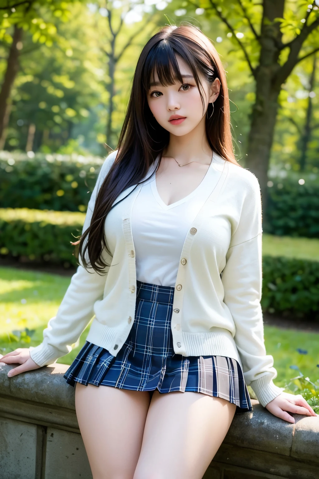 ( top quality、8k、32K、masterpiece 、   super high resolution  :1.2)、  Japanese、  so cute 、bangs、  plump figure  、Big Breasts、

One person、  high school girl、  white skin、( Long sleeve cardigan、  white shirt、  plaid pleated skirt)、garden、  has thick thighs、 sunny location  、 sunlight filtering through the trees、Sunshine、