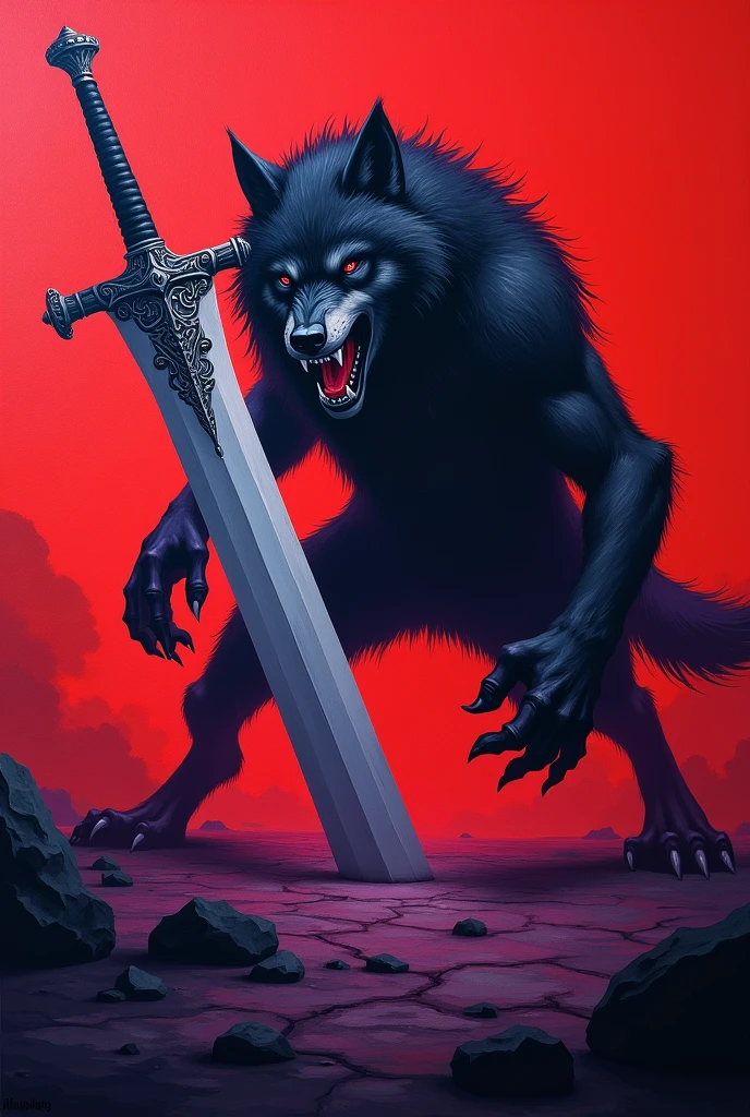 Masterpiece, two-color style, only use two-color abstract painting in very Deep purple and electric red , The huge werewolf staring at the viewer, Sharp, large eyes, The silhouette of a furious werewolf, Confused ,Looks like they're attacking, Dynamically depicted ,(((contrast of color act motion blur))), break, Part of the large sword jumps out of the ground, upside down, Light is softly reflected on the surface of the sword,A large sword with detailed decorations, The ground is cracked, the sword bright soft, shading and light contrast, outline of werewolf creating a sense of feeling of anger , Minimalism 