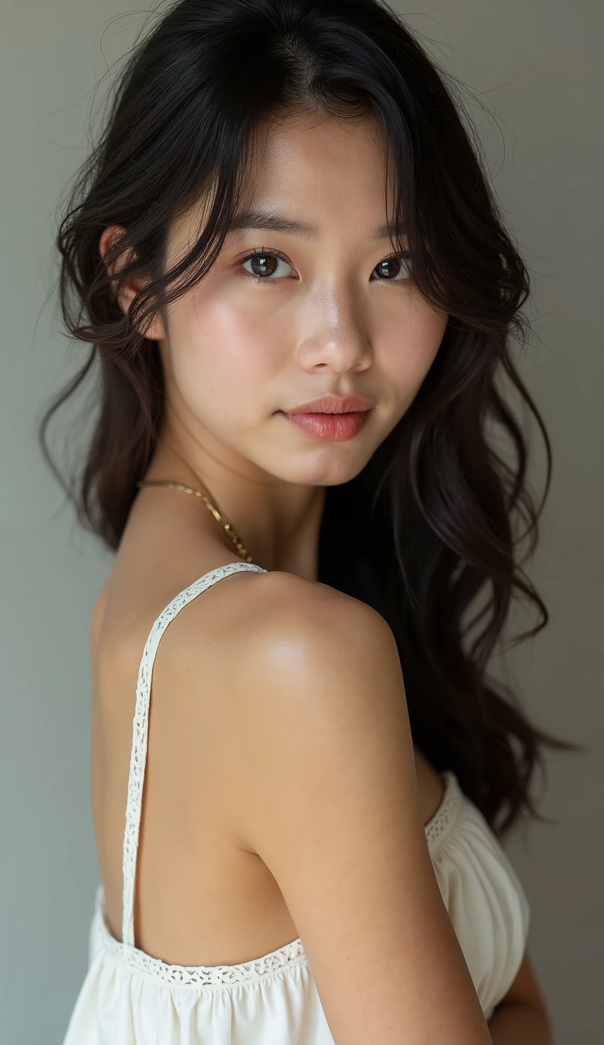Best quality, masterpiece, ultra high res, (photorealistic:1.4), raw photo, 1girl, offshoulder, at the beach, deep shadow, High key, realistic skin, wet hair, intricate light, masterpiece, sunset, messy hair because of wind, blue bikini, japanese teen,