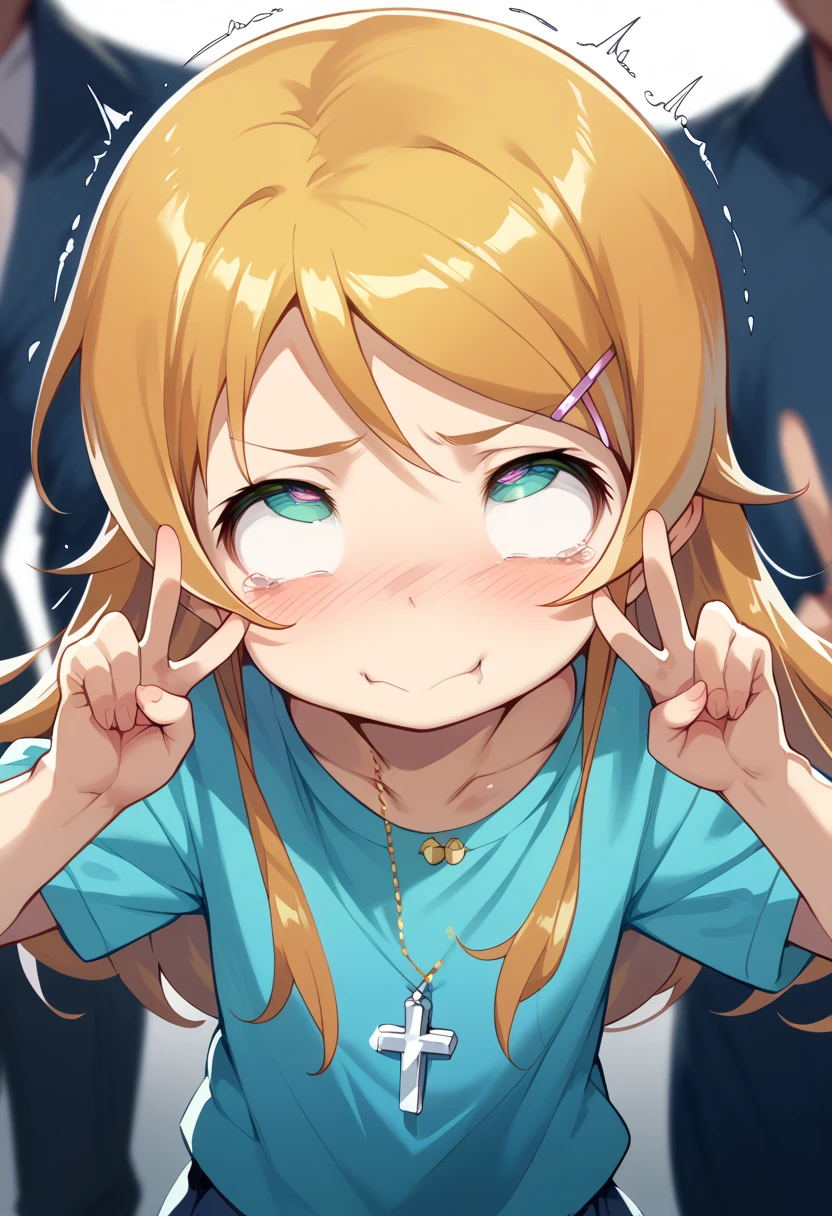 masterpiece, high definition , top quality,8k(((toddler body,Young,cute body,small)))
(kirino kousaka)( squats)
((rolling eyes,Cross-eyed, double peace sign))
(( strong shaking, intense movement , motion blur ))