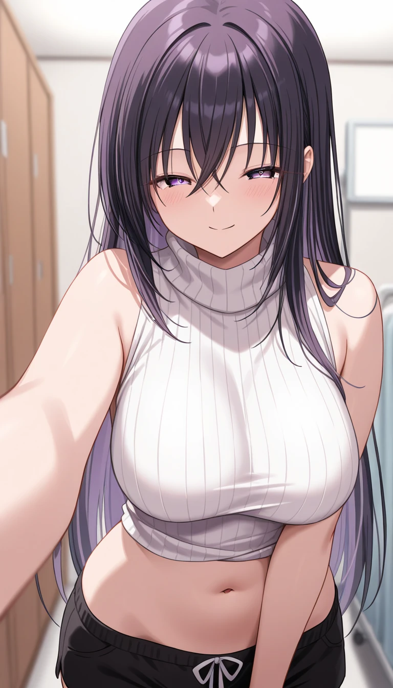  1 girl、solo、Nijoin Tsukasa 、 black hair、Purple Hair、 long hair on background、 hair between eyes、 purple eyes、 white sweater、 sleeveless turtleneck、 Ribbed Sweater 、White、abdomen、 black shorts、belly button、 Standing 、hospital、Examination room、 depth of field、masterpiece、 top quality、 very beautiful 、smile、 looking at camera、 squinting