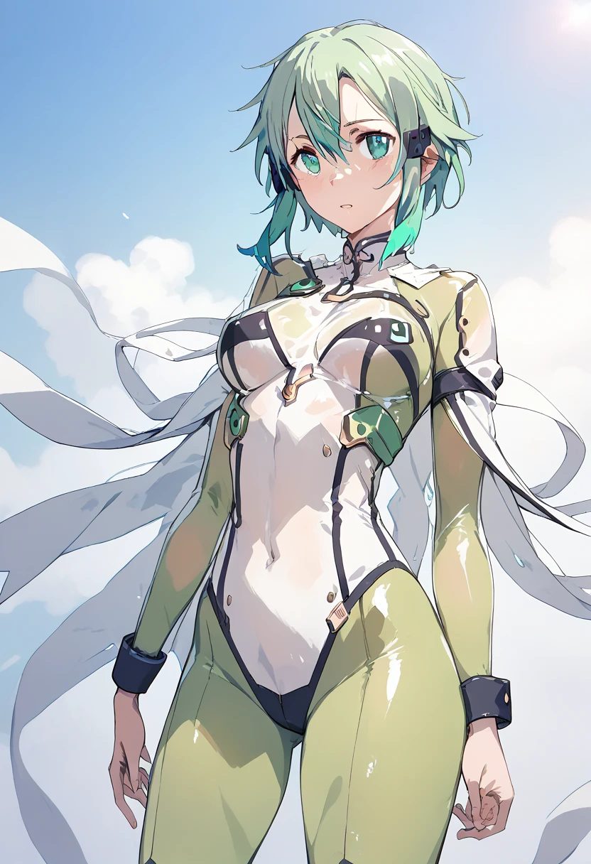 pt，1Girl，sinon， shiny see-through bodysuit ，GGO outfit ， Anime Style ， light blue-green hair