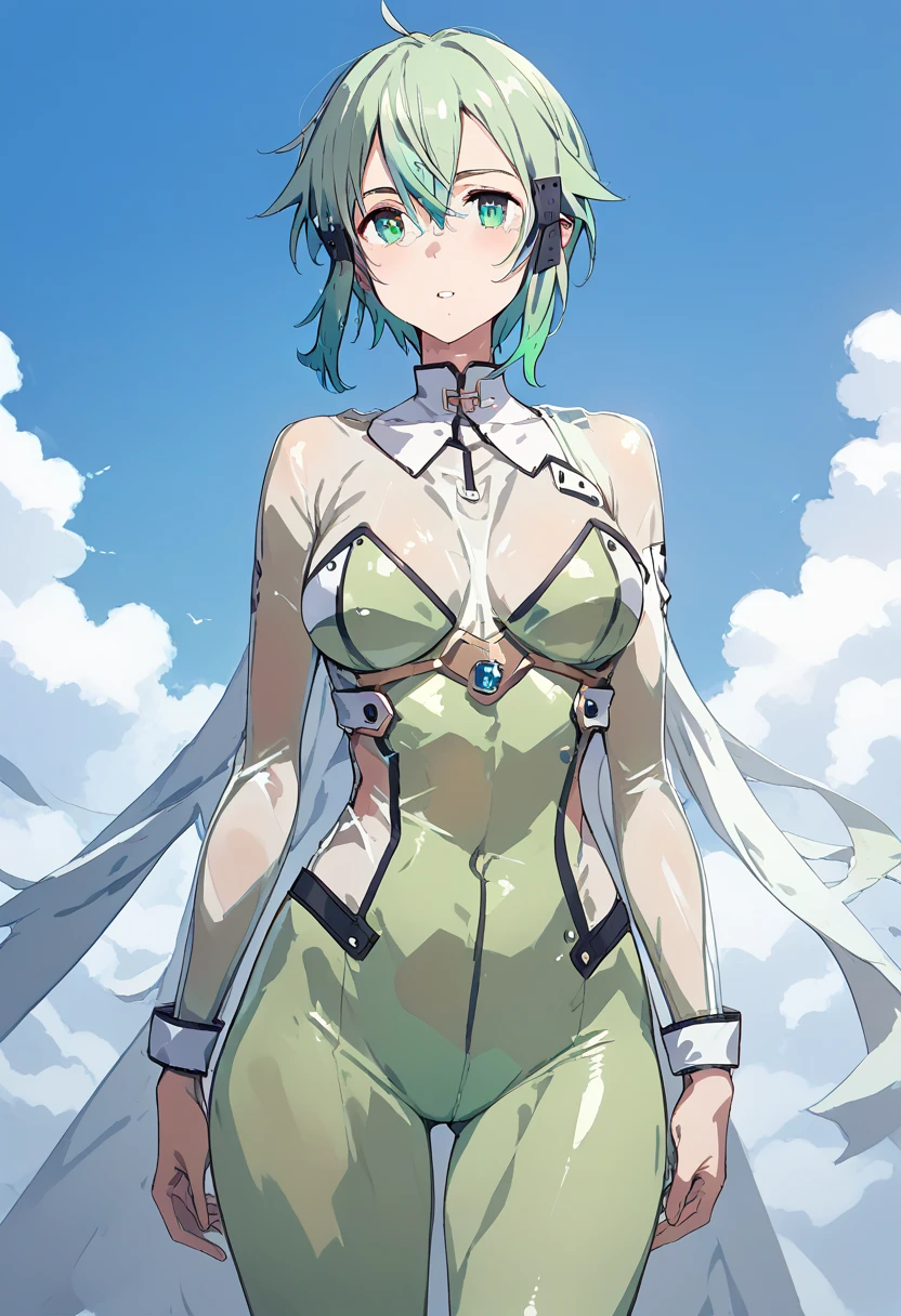 pt，1Girl，sinon， shiny see-through bodysuit ，GGO outfit ， Anime Style ， light blue-green hair