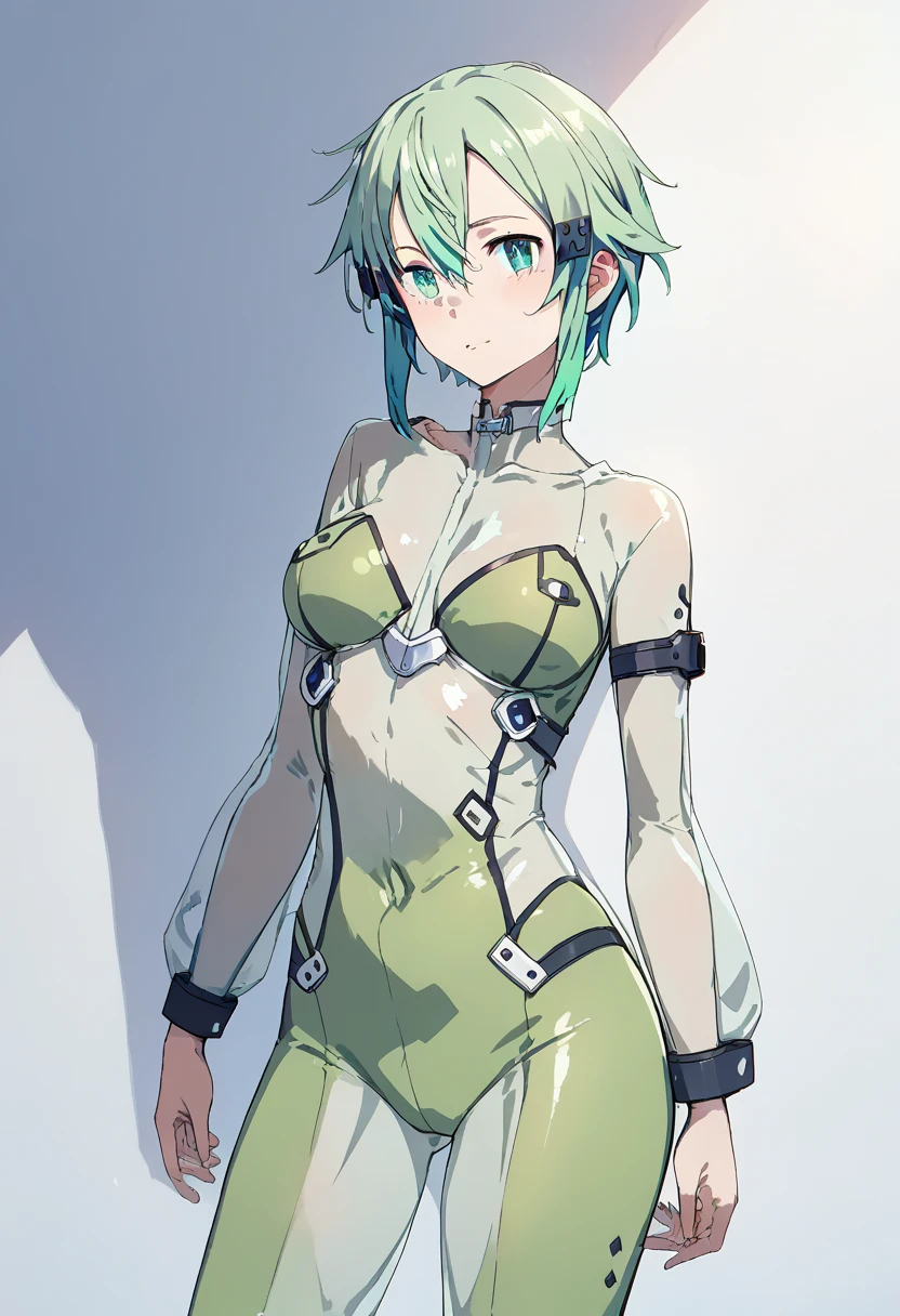 pt，1Girl，sinon， shiny see-through bodysuit ，GGO outfit ， Anime Style ， light blue-green hair