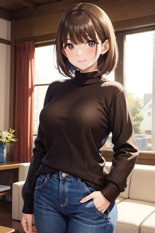  my grandmother、 shiny chestnut hair ,  short hair, ( brown pretty eyes、 sparkling eyes , Fine grain)、smile、 super detailed eyes、 Highly Detailed Faces,  extremely detailed eyes, Masterpiece , Cowboy Shots、One female、


  1 Woman Standing , /(Oversized sweater/) V-neck,  mature woman, /( brown hair /) bangs, 赤面した優しいsmile, (  Masterpiece Top Quality:1.2)  delicate illustration super detailed , MEDIUM BOOBS BREAK  /( MODERN HOUSE LIVING ROOM/) indoor