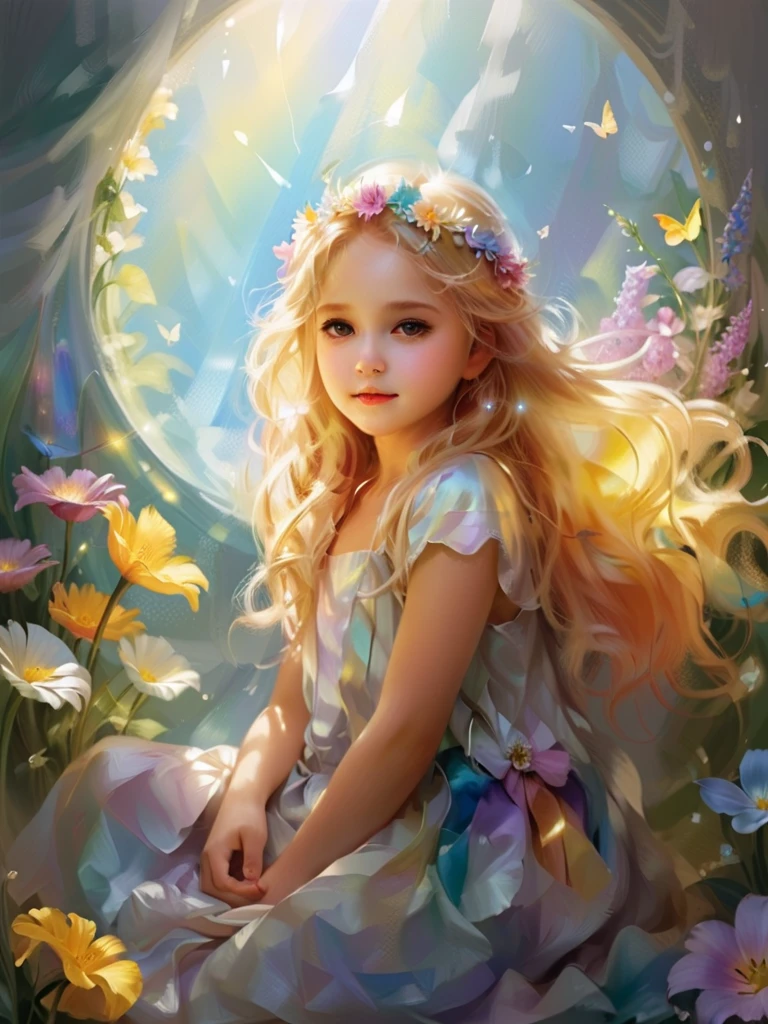  A beautiful space that makes you think it's out of this world、Beautiful blonde girl、Princess Thumb Sitting Among Flowers、sitting on flowers、Dwarf Princess、Flower Fairy、Sparkling rainbow 