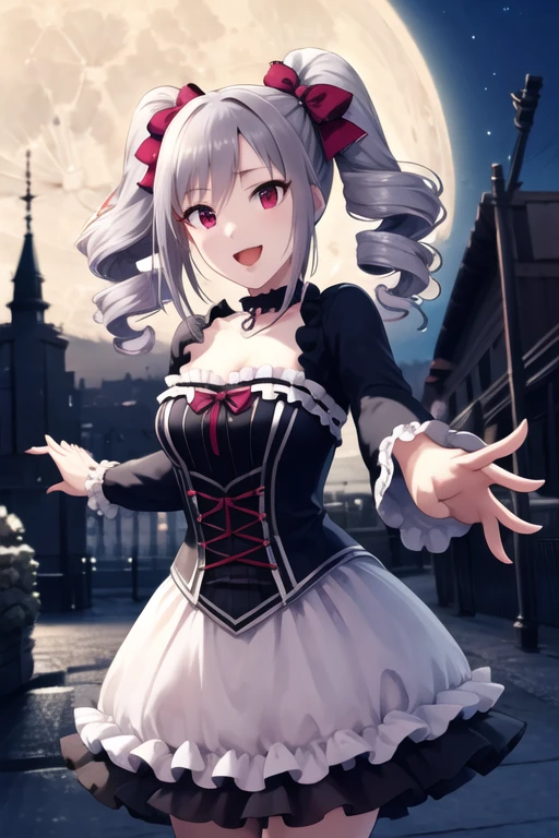 masterpiece,  top quality,  high definition , Arlanco,  long hair,  twin tails,  twin drill ,  hair bow, medium breasts,  Choker,  clevis on a stone, frills, gothic,  dress,  Long Sleeve ,  is reaching out , smile,  open mouth,   knight , city,  Cowboy Shots, moon,   knight ,Five fingers