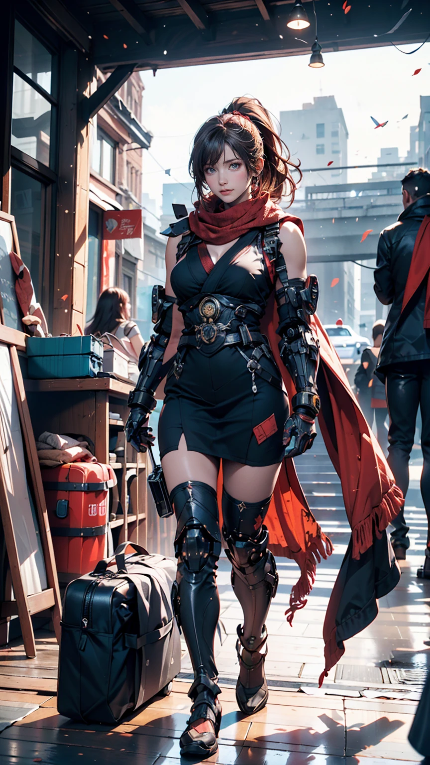 The picture shows a (cute) Adeptus Mechanicus girl. Her gaze is penetrating, and her face is hidden under a mask with monitors and LEDs. Graceful mechanical limbs complete her elegant appearance, and her outfit emphasizes her strength and uniqueness in the world of technology, big head, cute girl, red cloak , laughing, (((chibi)), ful body, full legth,  