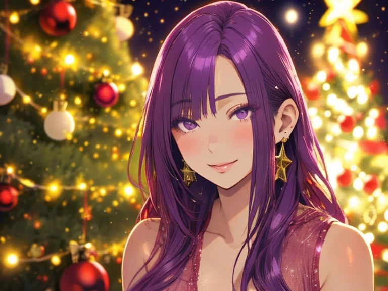 A dominant older girl!, Seira Sodeshiro!, natural-tan, christmas-tree-paradise-themed with long violet hair, decent makeup!, realistic and elaborate, best quality, oil color fidelity!, realistically dim-rendered photoimage!, sit next to the christmas tree, strictly 1person!, landscape,
