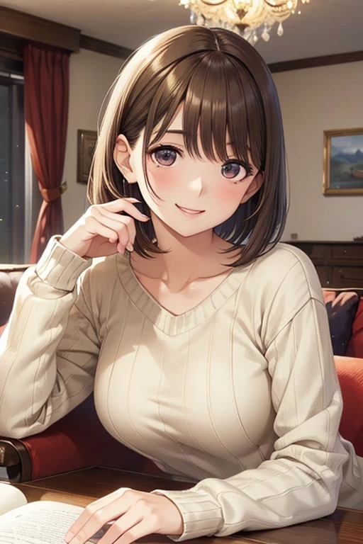  my grandmother、 shiny chestnut hair ,  short hair, ( brown pretty eyes、 sparkling eyes , Fine grain)、smile、 super detailed eyes、 Highly Detailed Faces,  extremely detailed eyes, Masterpiece , Cowboy Shots、One female、


  1 Woman Standing , /(Oversized sweater/) V-neck,  mature woman, /( brown hair /) bangs, 赤面した優しいsmile, (  Masterpiece Top Quality:1.2)  delicate illustration super detailed ,  break /( MODERN HOUSE LIVING ROOM/) indoor