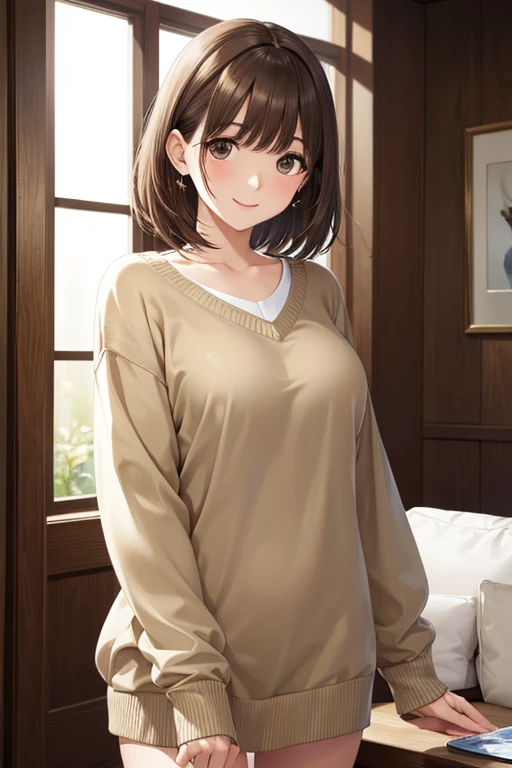  my grandmother、 shiny chestnut hair ,  short hair, ( brown pretty eyes、 sparkling eyes , Fine grain)、smile、 super detailed eyes、 Highly Detailed Faces,  extremely detailed eyes, Masterpiece , Cowboy Shots、One female、


  1 Woman Standing , /(Oversized sweater/) V-neck,  mature woman, /( brown hair /) bangs, 赤面した優しいsmile, (  Masterpiece Top Quality:1.2)  delicate illustration super detailed ,  break /( MODERN HOUSE LIVING ROOM/) indoor