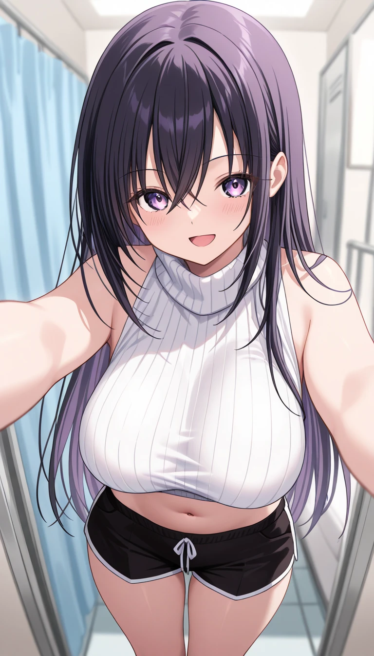  1 girl、solo、Nijoin Tsukasa 、 black hair、Purple Hair、 long hair on background、 hair between eyes、 purple eyes、 white sweater、 sleeveless turtleneck、 Ribbed Sweater 、White、abdomen、 black shorts、belly button、 Standing 、hospital、Examination room、 depth of field、masterpiece、 top quality、 very beautiful 、smile、 looking at camera、 open her mouth 、Chest