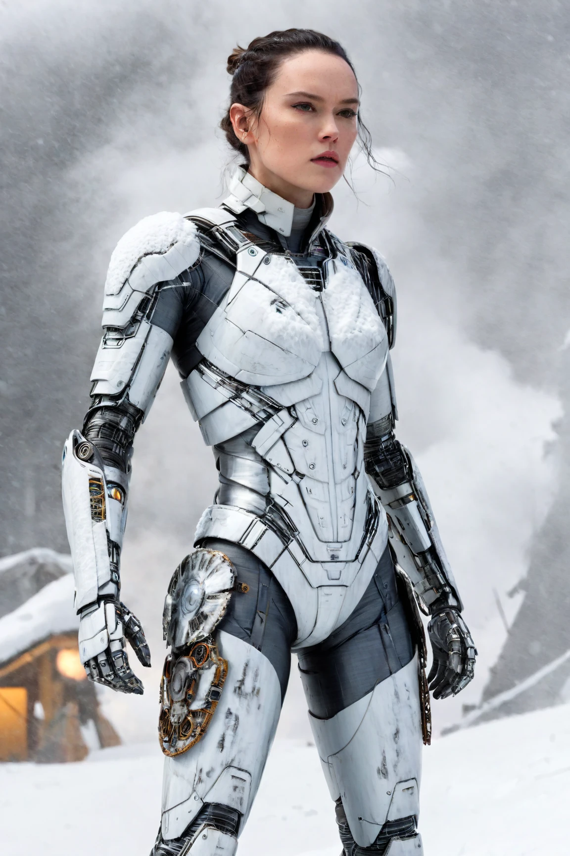 daisy ridley,(Surprised woman Cyborg trying hide face by destroying arm from over fly atached snow-Owl spirit), (epic and horror), detailed freeze clothes, ((elements of destruction on cybernetic parts)),(strong snowfall), detailed, good quality, masterpiece: full body picture from the distance: BUTT: rear backside hindquarters, BUTTOCKS: booty behind, BUTT CHEEKS: HUGE: protruding, HIPS: deep widest hip dips, LONG HIPS: OBLONG: parentheses outreaching shape, WIDE HIPS: widest