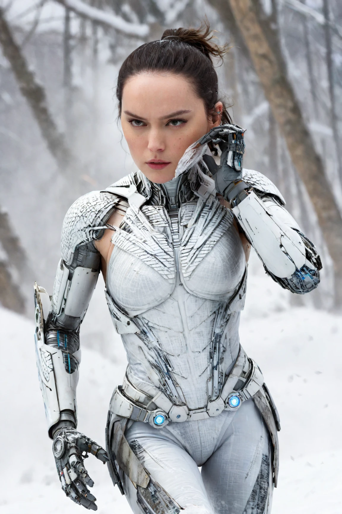 daisy ridley,(Surprised woman Cyborg trying hide face by destroying arm from over fly atached snow-Owl spirit), (epic and horror), detailed freeze clothes, ((elements of destruction on cybernetic parts)),(strong snowfall), detailed, good quality, masterpiece: full body picture from the distance: BUTT: rear backside hindquarters, BUTTOCKS: booty behind, BUTT CHEEKS: HUGE: protruding, HIPS: deep widest hip dips, LONG HIPS: OBLONG: parentheses outreaching shape, WIDE HIPS: widest