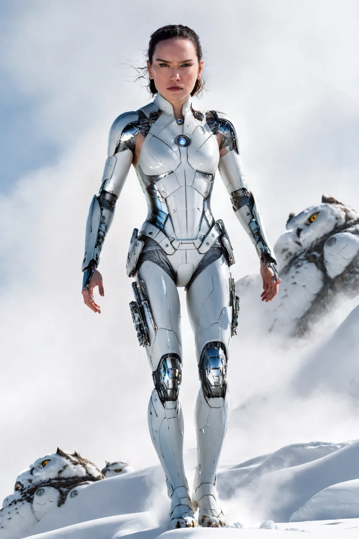 daisy ridley,(Surprised woman Cyborg trying hide face by destroying arm from over fly atached snow-Owl spirit), (epic and horror), detailed freeze clothes, ((elements of destruction on cybernetic parts)),(strong snowfall), detailed, good quality, masterpiece: full body picture from the distance: BUTT: rear backside hindquarters, BUTTOCKS: booty behind, BUTT CHEEKS: HUGE: protruding, HIPS: deep widest hip dips, LONG HIPS: OBLONG: parentheses outreaching shape, WIDE HIPS: widest