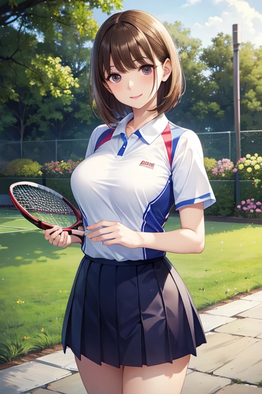  my grandmother、 shiny chestnut hair ,  short hair, ( brown pretty eyes、 sparkling eyes , Fine grain)、smile、 super detailed eyes、 Highly Detailed Faces,  extremely detailed eyes, Masterpiece , Cowboy Shots、One female、


 Only one female,  Standing ,  mature woman, /( tennis uniform /), /( short hair/) bangs, 赤面した優しいsmile, (  Masterpiece Top Quality:1.2)  delicate illustration super detailed , break /(Ground Outdoor/)