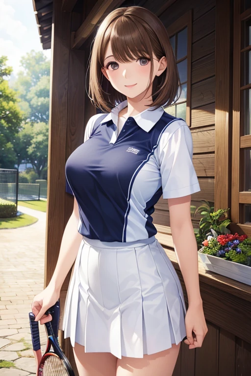  my grandmother、 shiny chestnut hair ,  short hair, ( brown pretty eyes、 sparkling eyes , Fine grain)、smile、 super detailed eyes、 Highly Detailed Faces,  extremely detailed eyes, Masterpiece , Cowboy Shots、One female、


 Only one female,  Standing ,  mature woman, /( tennis uniform /), /( short hair/) bangs, 赤面した優しいsmile, (  Masterpiece Top Quality:1.2)  delicate illustration super detailed , break /(Ground Outdoor/)