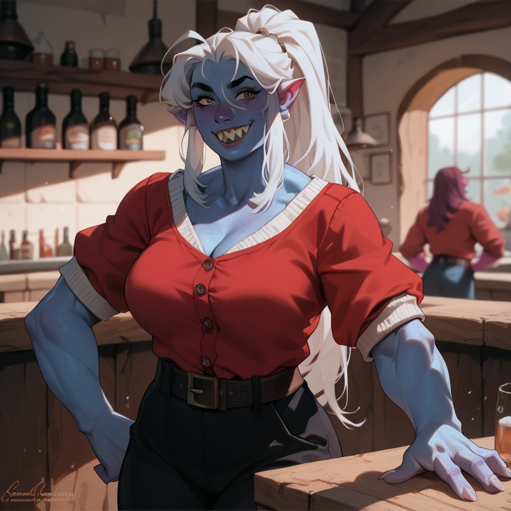 Monster girl, female,large breasts, jaegermonster, (solo), (darksusie), blue skin, sharp teeth, bushy eyebrows, long hair, white hair, ponytail, redcoat,, muscular, casual tavern indoor scene, smiling, standing, napoleonera,