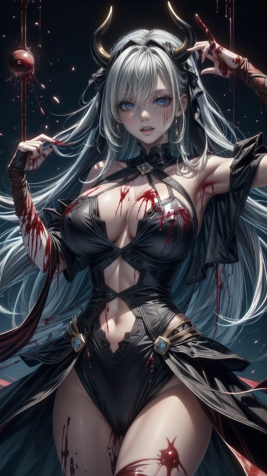 (Highest quality, masterpiece, 超High resolution), (8k wallpaper, High resolution, High resolution, born), (credibility: 1.4), (whole bodyショット), One girl, ((Anime Girls)),,(Blood Splash:1.6), ((Fantasy Witch Costume)),  ((Flowing white hair)),  ,(Blood Splash:1.6),Female curves, Large Breasts, Thick thighs, Sexy flat stomach, perfect hand, perfect anime face, ((dark ****ta dress)), Are standing, ((Wicked Smile)), ,(Blood Splash:1.6),In the Victorian city, gaslight, Steam circulates, Moonlight Illumination, Night lighting, A sky filled with stars and galaxies,disaster々new devil horns,,(Blood Splash:1.6), anime zombie witch design , Twisted Laugh Face、Blood-soaked、Blood from the head、Blood Splash、,(Blood Splash:1.6),Crossbones, skull, Streetwear Design, Provector, Horror Style, Full Design, Huge breasts, Very detailed,  Realistic, Dark fantasy, Gloomy atmosphere,  Intricate details, Crazy Smile, crazy eye, A cute and luxurious hair band,(masterpiece:1.2, Highest quality),  Scary atmosphere、Distorted facial expressions、horror art、Blood rain、Bleed blood、Blood Splash,(Blood Splash:1.6),demonic eye、redGood eye、scar、scar、whole body、Torn hair of a woman dressed in slave clothing、（Long Hair）、（bangs that cover the eyes）、Black Hair、（（（dark circles under the eye）））、pale skin、Feeling unwell、Pathological、evil smile、crazy eye、（Grin）Dramatic makeup，Create mixed media art、,Horror 1 Girl, Open_mouth, , red_eye, Blood, Tilt_red_skin, Injury, Blood_in addition_face, Bandaged_arm, Blood_in addition_zombie, Blood_in addition_hand　, Open your eyelids wide, The trend is all, Open your mouth wide,  open the mouth to bare teeth,sharp teeth like a beast, Wide lips, Very wide mouth, Vermilion cheeks, Blonde, ,(Blood Splash:1.6),princess cut, Ribbon hair ornament, brooch, Otaku Room, Well-built body, Nice body, Ample breasts, Thick body,Open your eyes wide、Scary atmosphere、Distorted facial expressions、Twisted Laugh Face、Blood-soaked、Blood from the head、Blood Splash、whole body、,(Blood Splash:1.6),Long Hair、Long bangs、Well-built,Broad shoulders,I focus,(face),Messy Hair,Good eye,(Shining Eye),red signal,笑face,big 笑face,teeth,psycho 笑face,gesugao,Dark city background,darkness,night,(close),良Good eye, Good teeth, sadistic laughing face ,