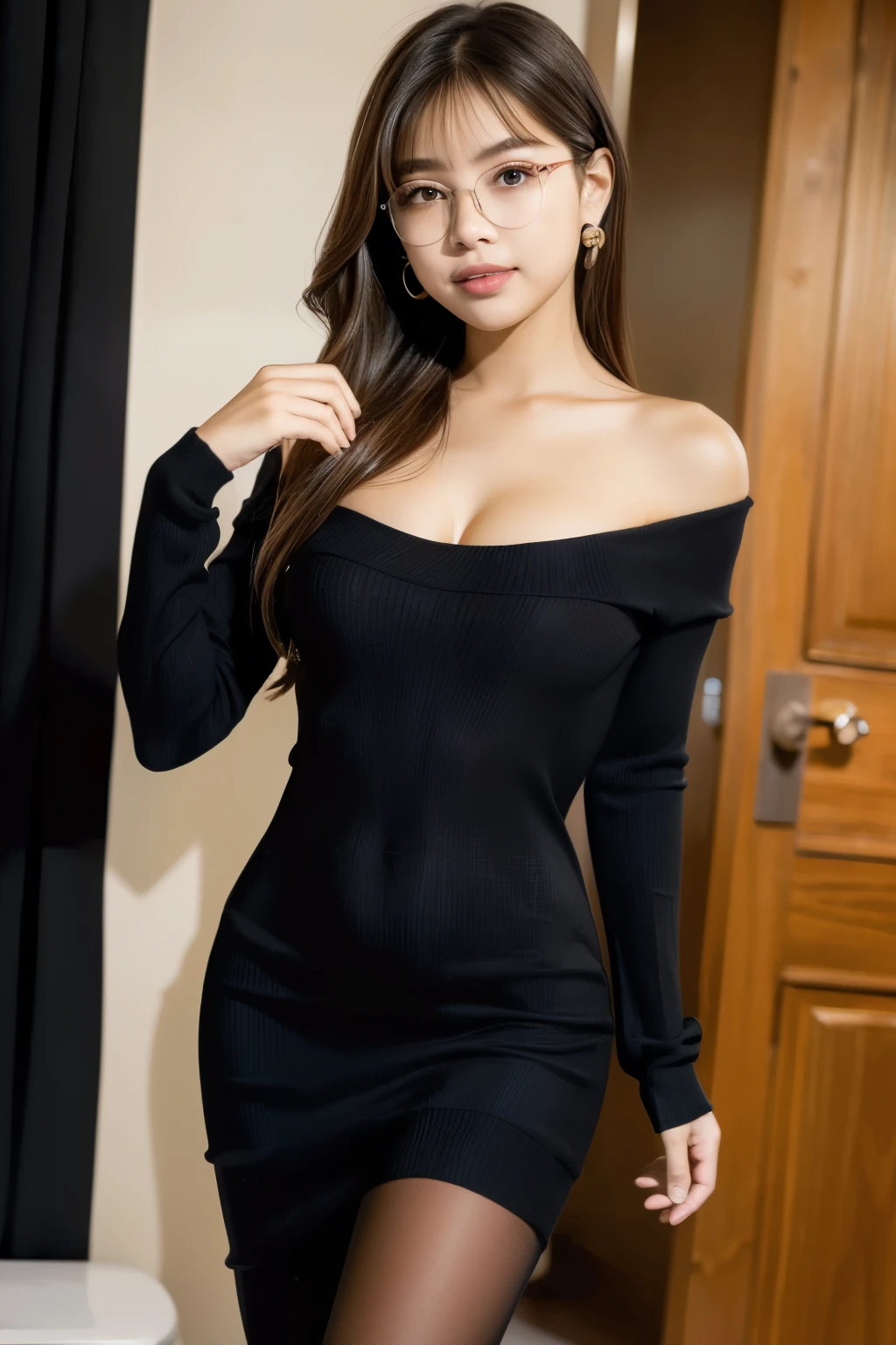 (Best quality, 8k, 32k, Masterpiece, UHD:1.3),Photo of glamorous Japanese woman, 1girl, (abs, slender figure, milf, perfect body :1.2), black long hair: 1.1, (circle-glasses:1.2), red lipstick, (knit dress, pantyhose :1.2), (indoor, night :1.2), in toilet, ultra-detailed face, detailed lips, detailed eyes, double eyelid,Full body shot