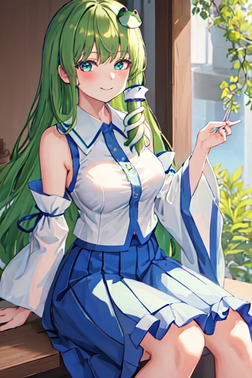 best quality, masterpiece, highres, solo, {kochiya_sanae_touhou:1.15}, green_hair, long_hair, hair_ornament, frog_hair_ornament, snake_hair_ornament, hair_tubes, blush, bangs, breasts, smile, green_eyes, upper_body, blue_eyes, 1girl, detached_sleeves, looking_at_viewer, shirt, white_shirt, collared_shirt, bare_shoulders, closed_mouth, blue_skirt, nontraditional_miko, skirt, sleeveless, sleeveless_shirt, wide_sleeves